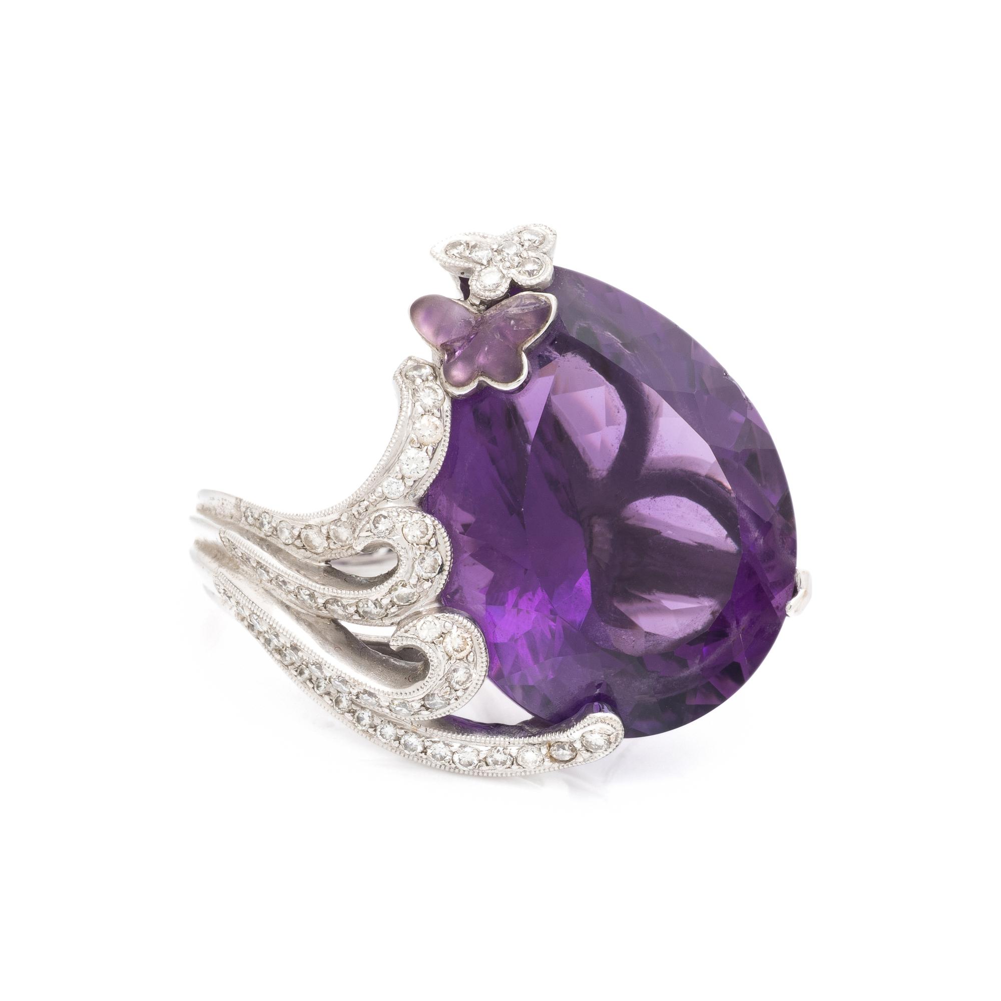 AMETHYST, DIAMOND, AND WHITE GOLD BUTTERFLY RING