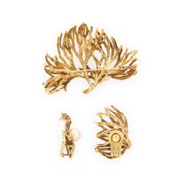 MARIANNE OSTIER, CULTURED PEARL AND YELLOW GOLD EARRINGS AND BROOCH