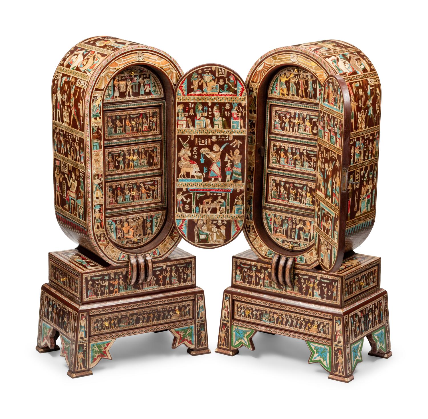 A Pair of Egyptian Style Painted and Inlaid Cabinets
