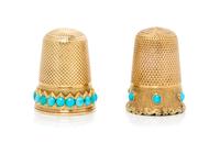 Two Yellow Gold and Turquoise Thimbles, , each with an associated mother-of-pearl case and having a knurled top and body above a band i