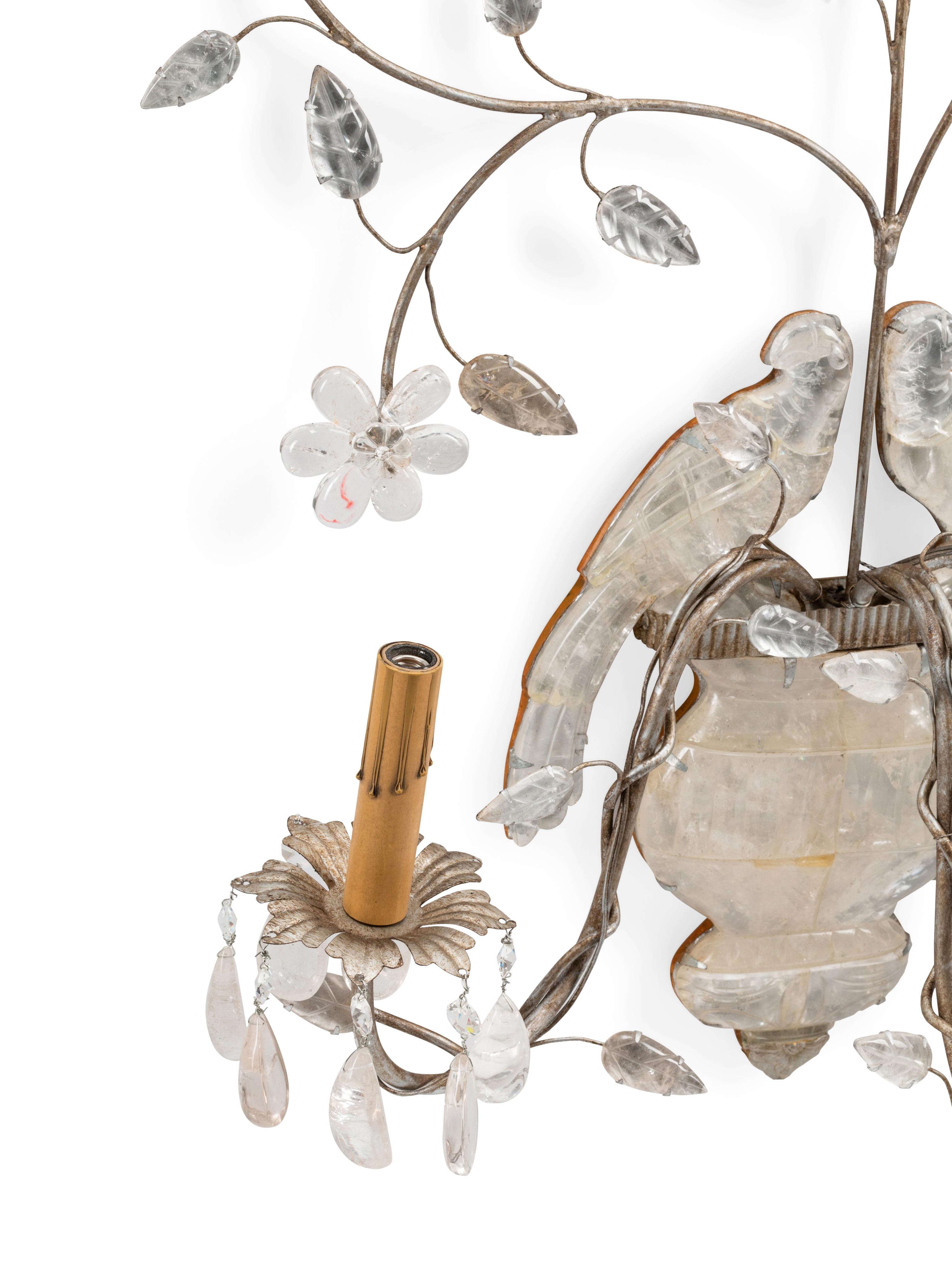 A Pair of Silvered Wood and Rock Crystal Three-Light Sconces, in the Style of Maison Baguès