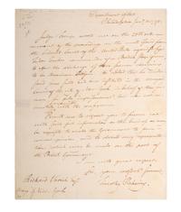 PICKERING, Timothy (1745-1829). Autograph letter signed ("Timothy Pickering"), as Secretary of State, to Richard VARICK (1753-1831), Mayor of New York. Philadelphia, 11 January 1798.