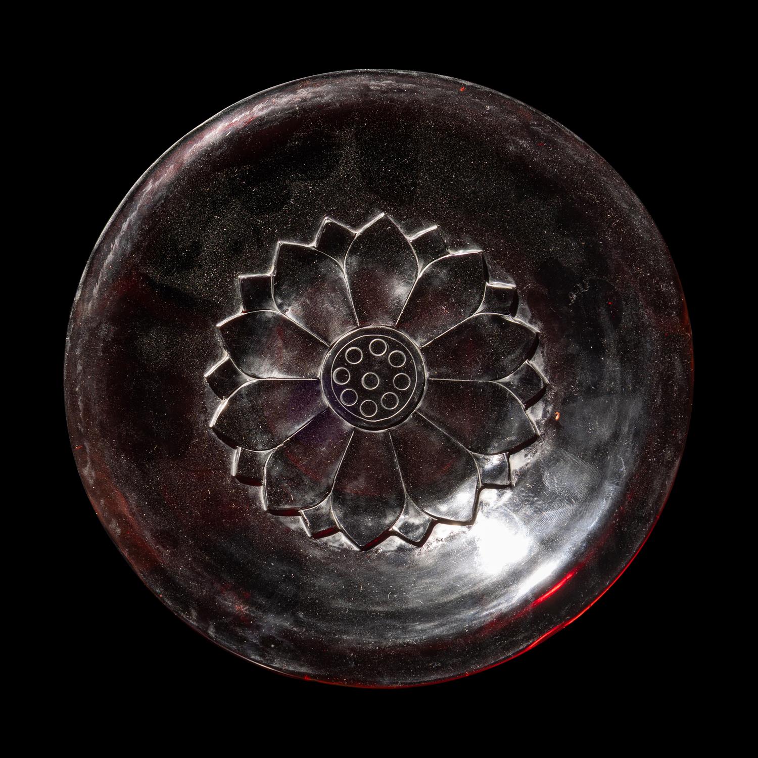 A Chinese Carved Ruby Red 'Lotus' Peking Glass Plate, Late 19th-Early 20th Century 晚清-民國 寶石紅料蓮紋賞盤