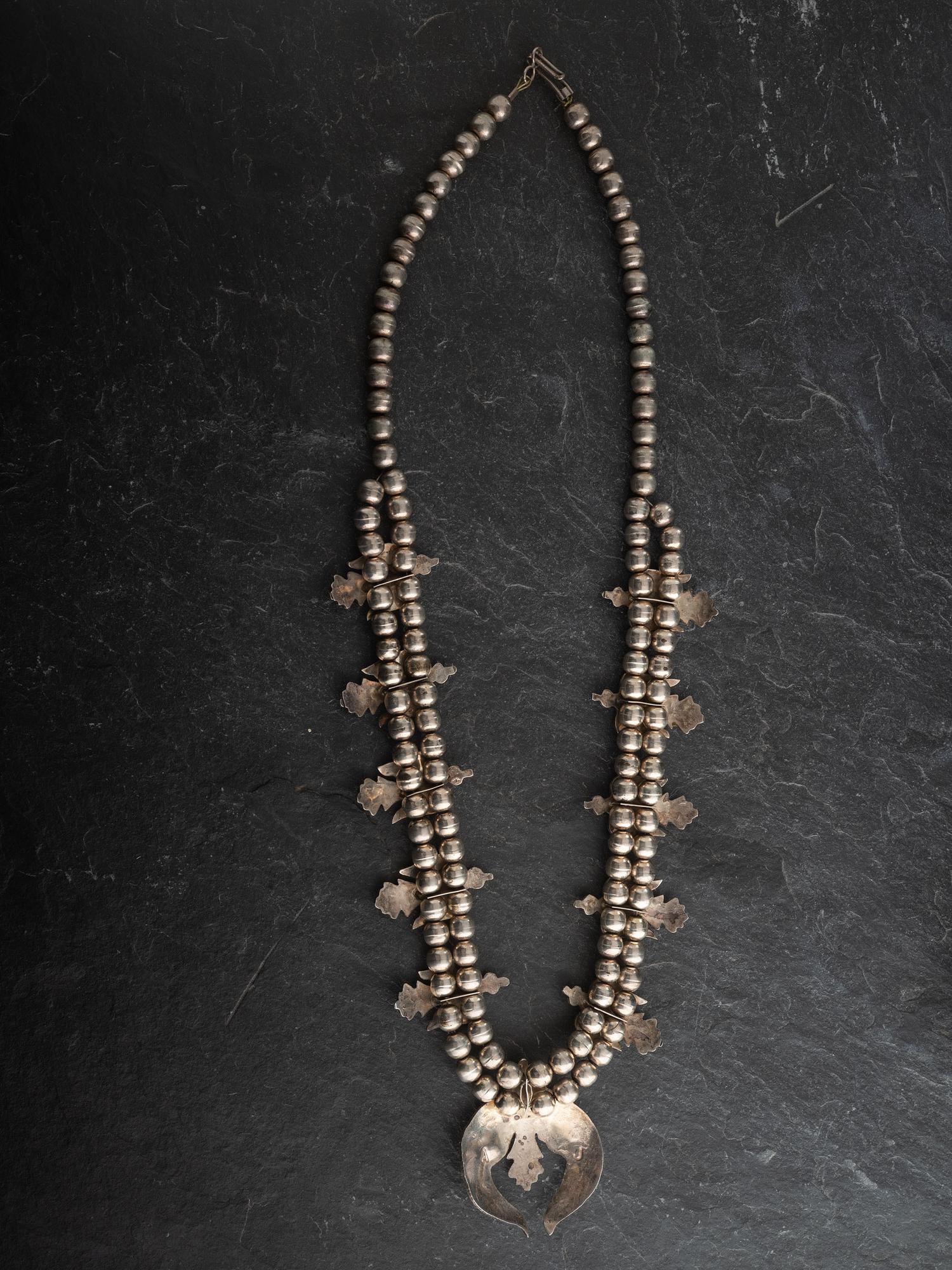 Navajo Silver and Chip Inlaid Peyote Bird Squash Blossom Necklace