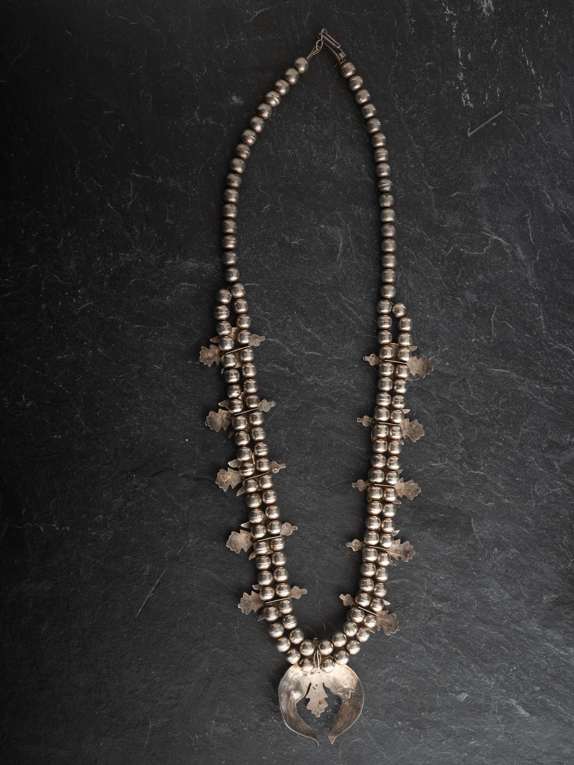 Navajo Silver and Chip Inlaid Peyote Bird Squash Blossom Necklace