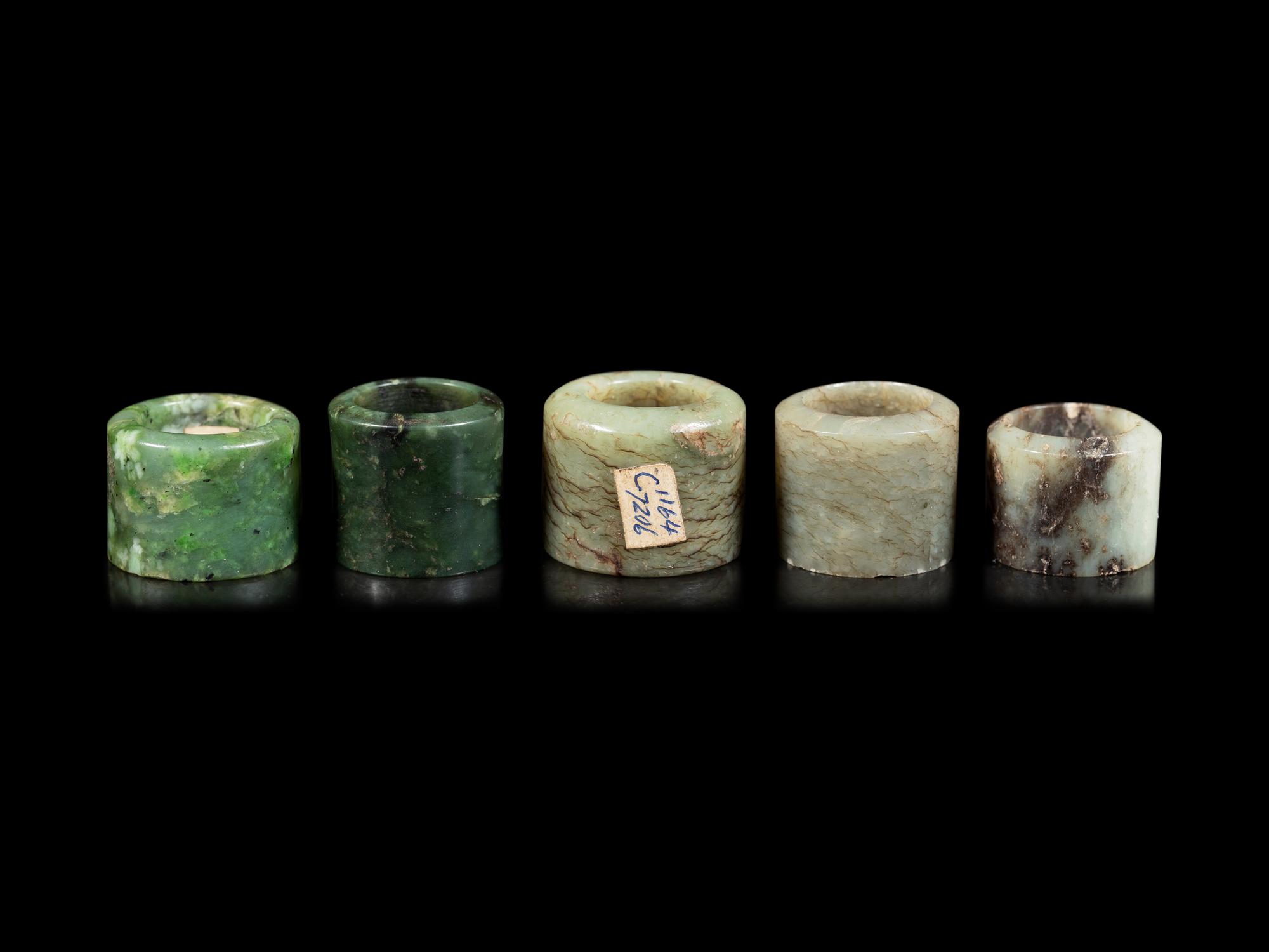 Five Chinese Grey Jade Archer's Rings