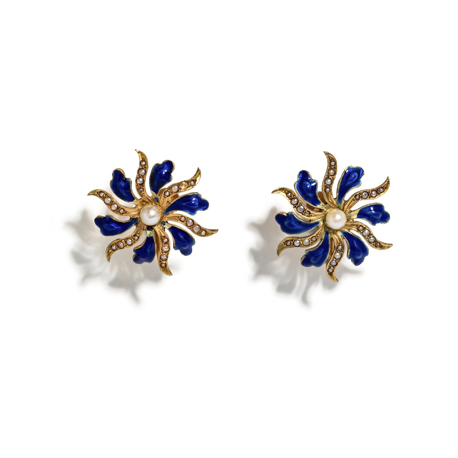 YELLOW GOLD, ENAMEL, AND SEED PEARL FLOWER EARRINGS