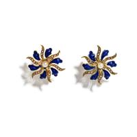 YELLOW GOLD, ENAMEL, AND SEED PEARL FLOWER EARRINGS