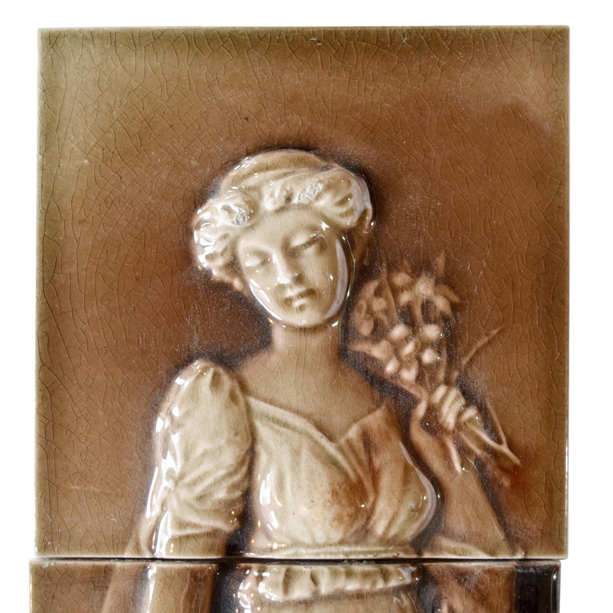 A Three Piece Glazed Ceramic Tile Set by Hamilton Tile Works 6" W x 1" D x 18" H — United States, 19th Century