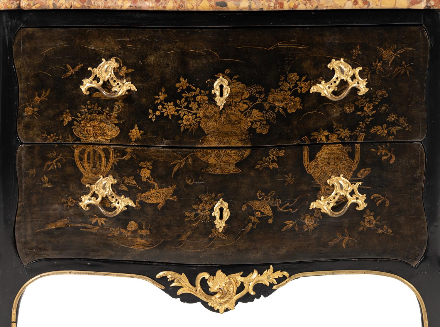 A Louis XV Gilt Bronze Mounted Lacquer Marble-Top Commode