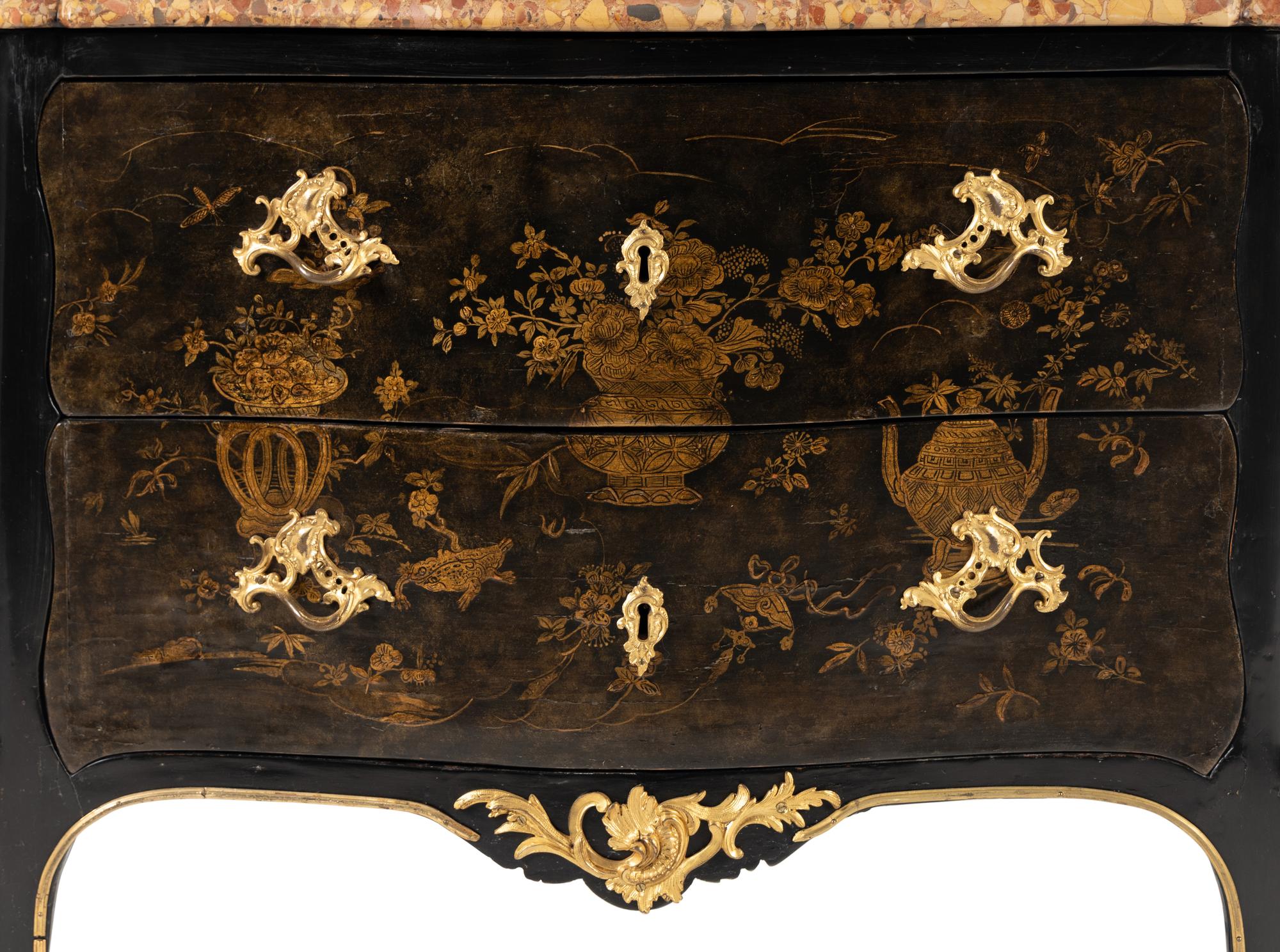 A Louis XV Gilt Bronze Mounted Lacquer Marble-Top Commode