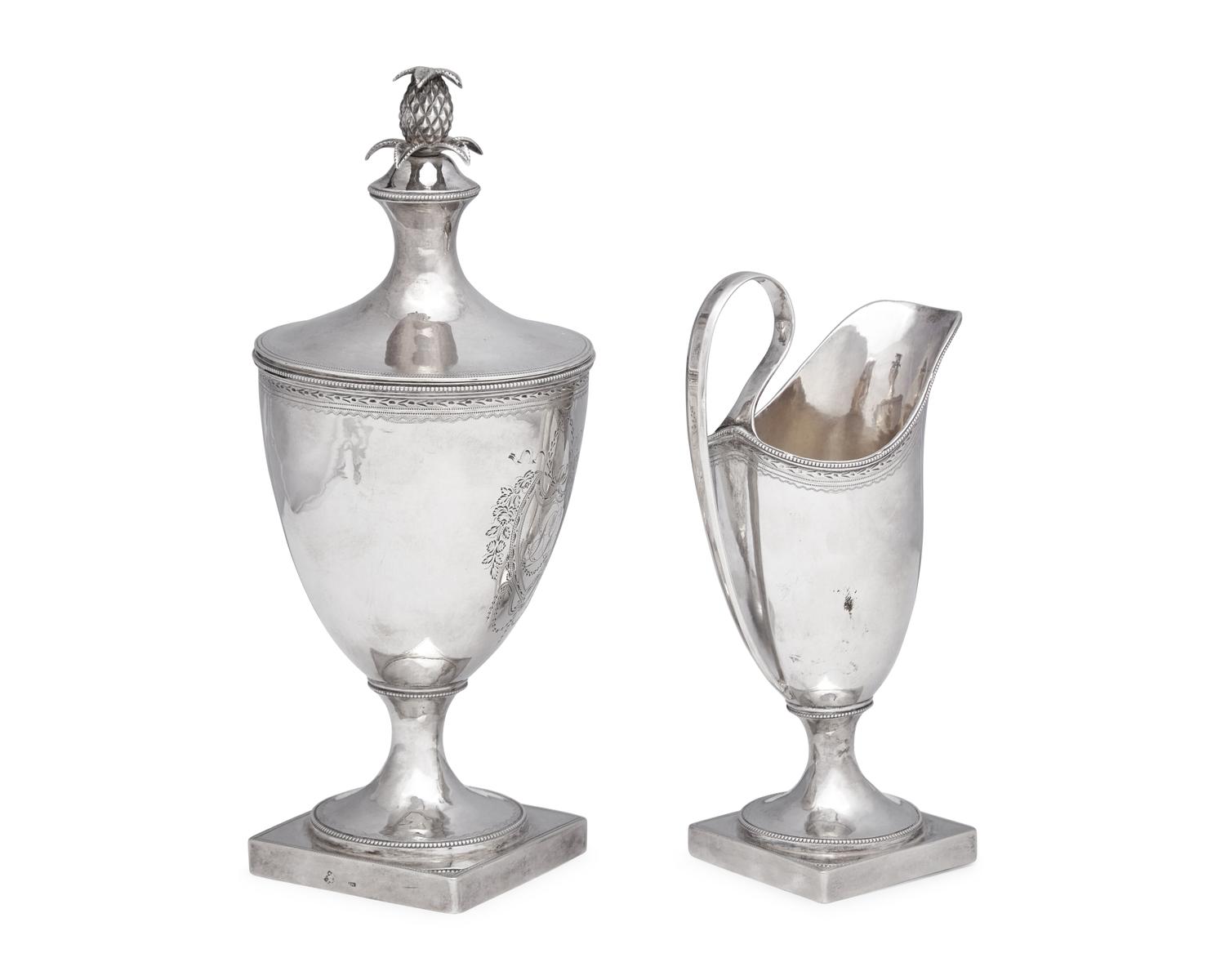 A Federal Silver Sugar Urn And Creamer