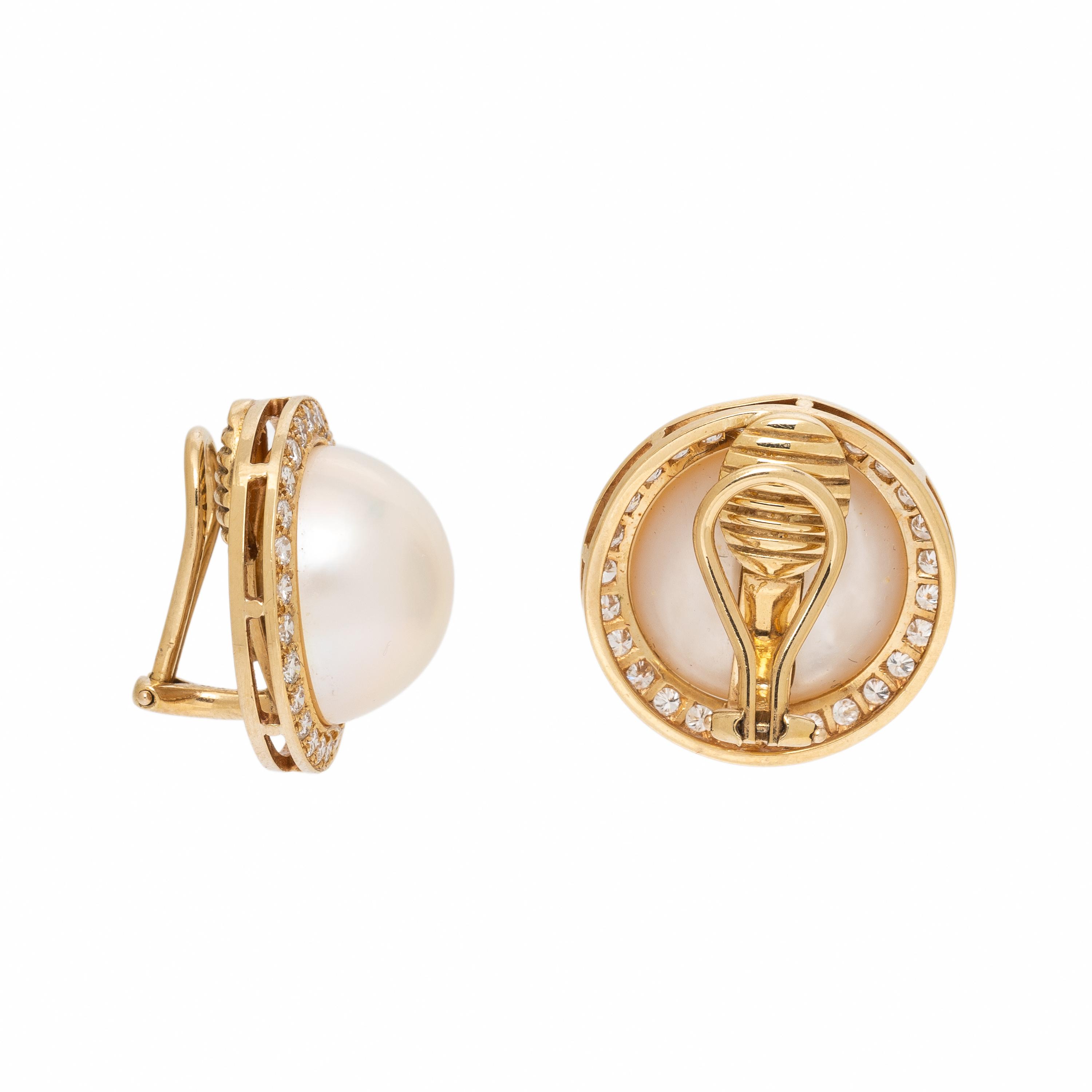 Mabé Pearl, Diamond, and Yellow Gold Earrings