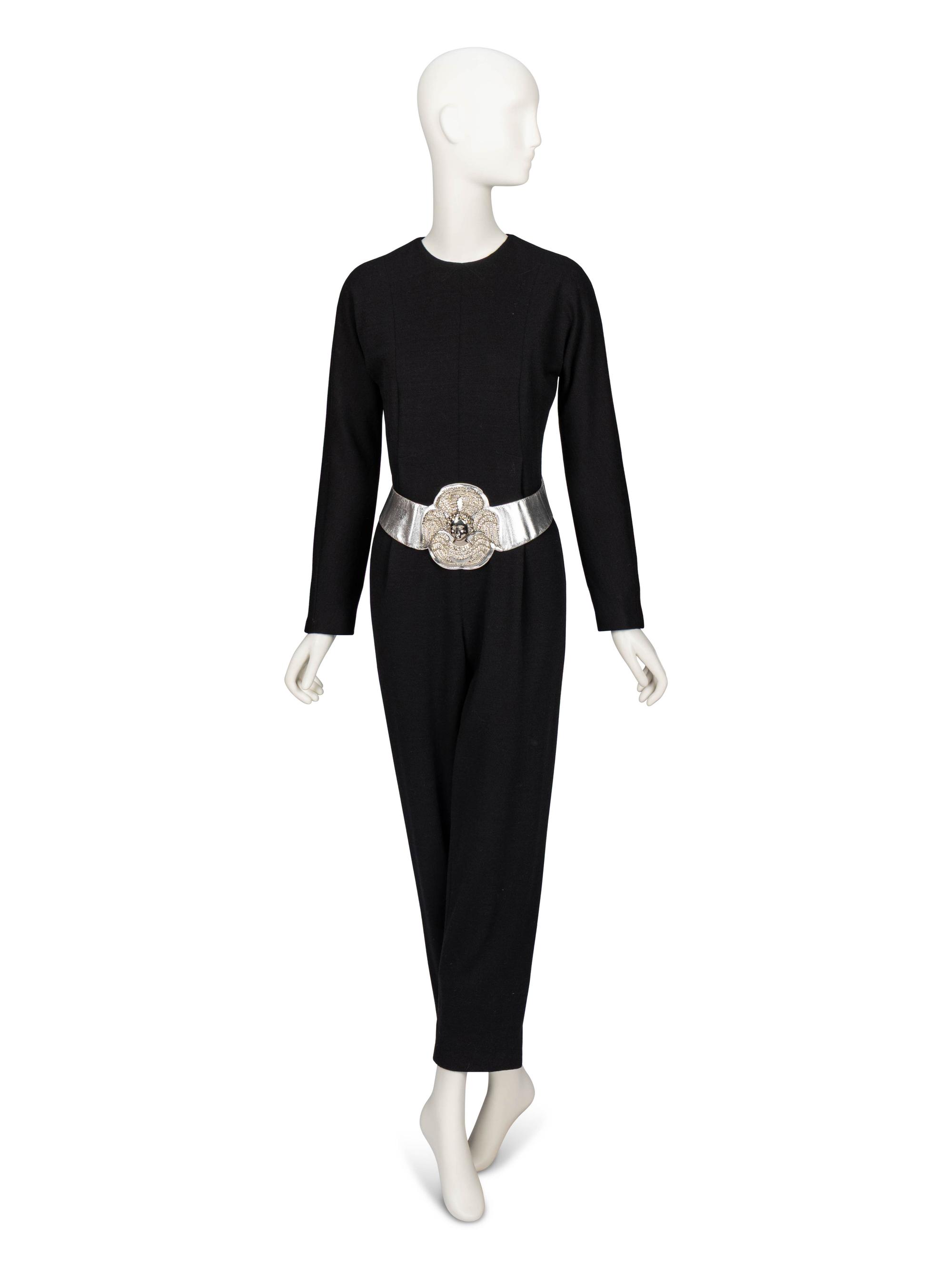Geoffrey Beene Long-Sleeve Jumpsuit & a Judith Leiber Belt