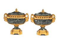 A Pair of Louis XVI Style Gilt Bronze Mounted Verde Antico Marble Vases Navettes