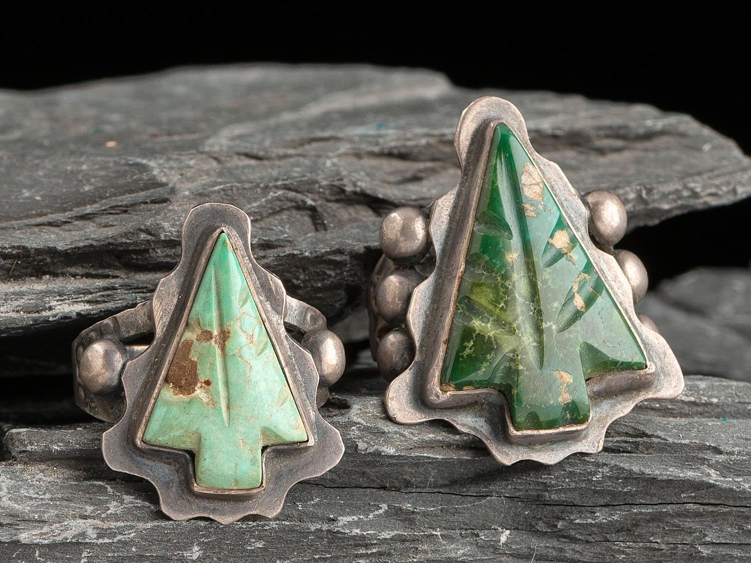 Navajo Fred Harvey Era Rings with Carved Turquoise Arrowheads