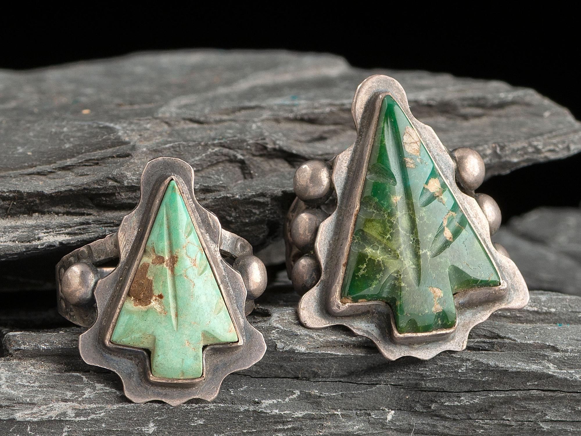 Navajo Fred Harvey Era Rings with Carved Turquoise Arrowheads