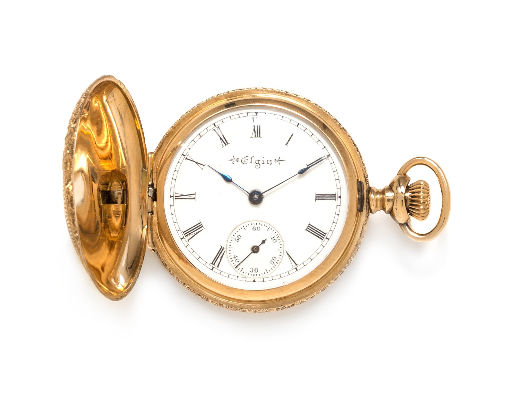 A 14 Karat Tricolor Gold and Diamond Hunter Case Pocket Watch, Elgin, Circa 1900, 23.20 dwts.