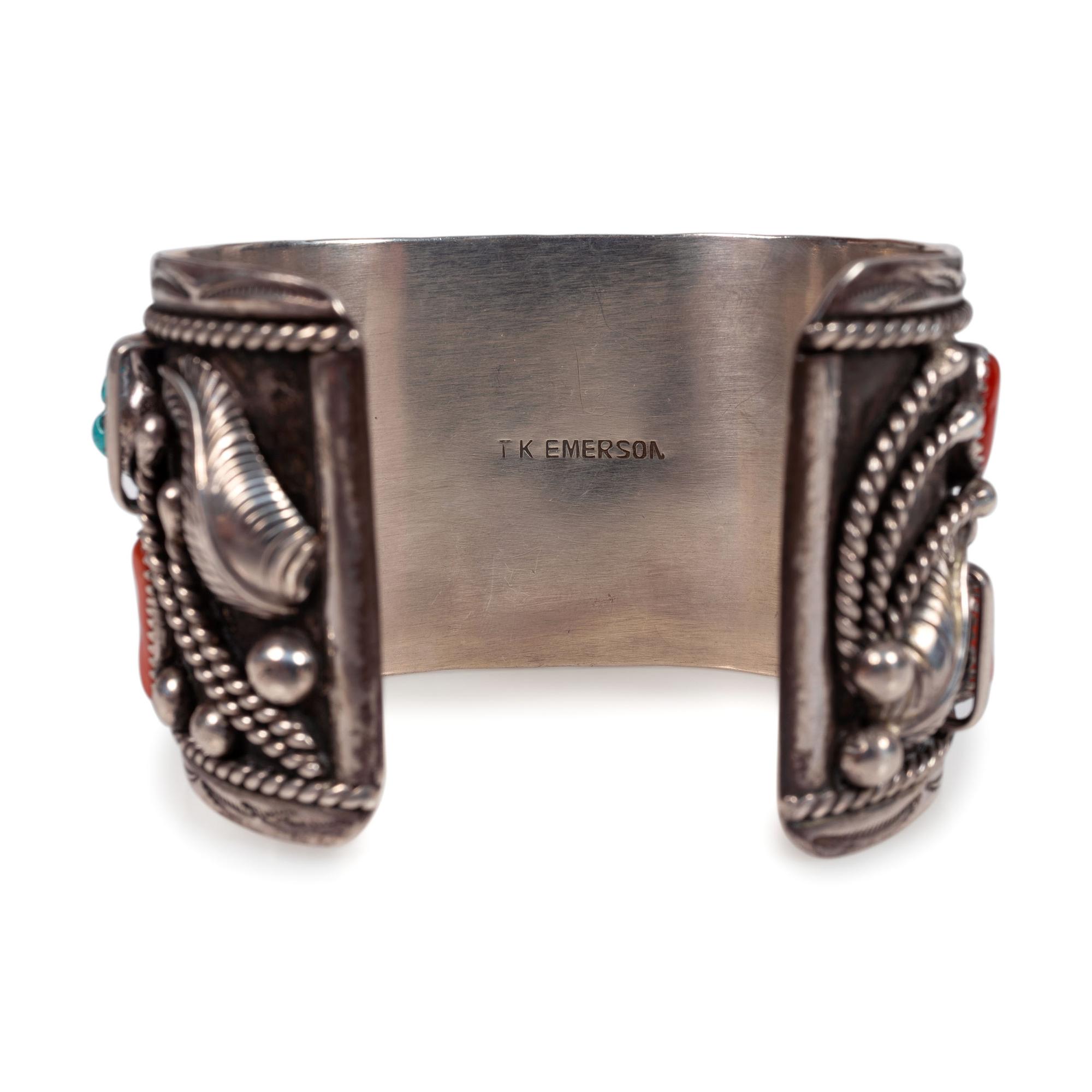Pair of Navajo Silver, Turquoise, and Coral Cuff Bracelets