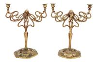 A Pair of Art Nouveau Cast Metal Two-Light Candelabra Height 17 inches.