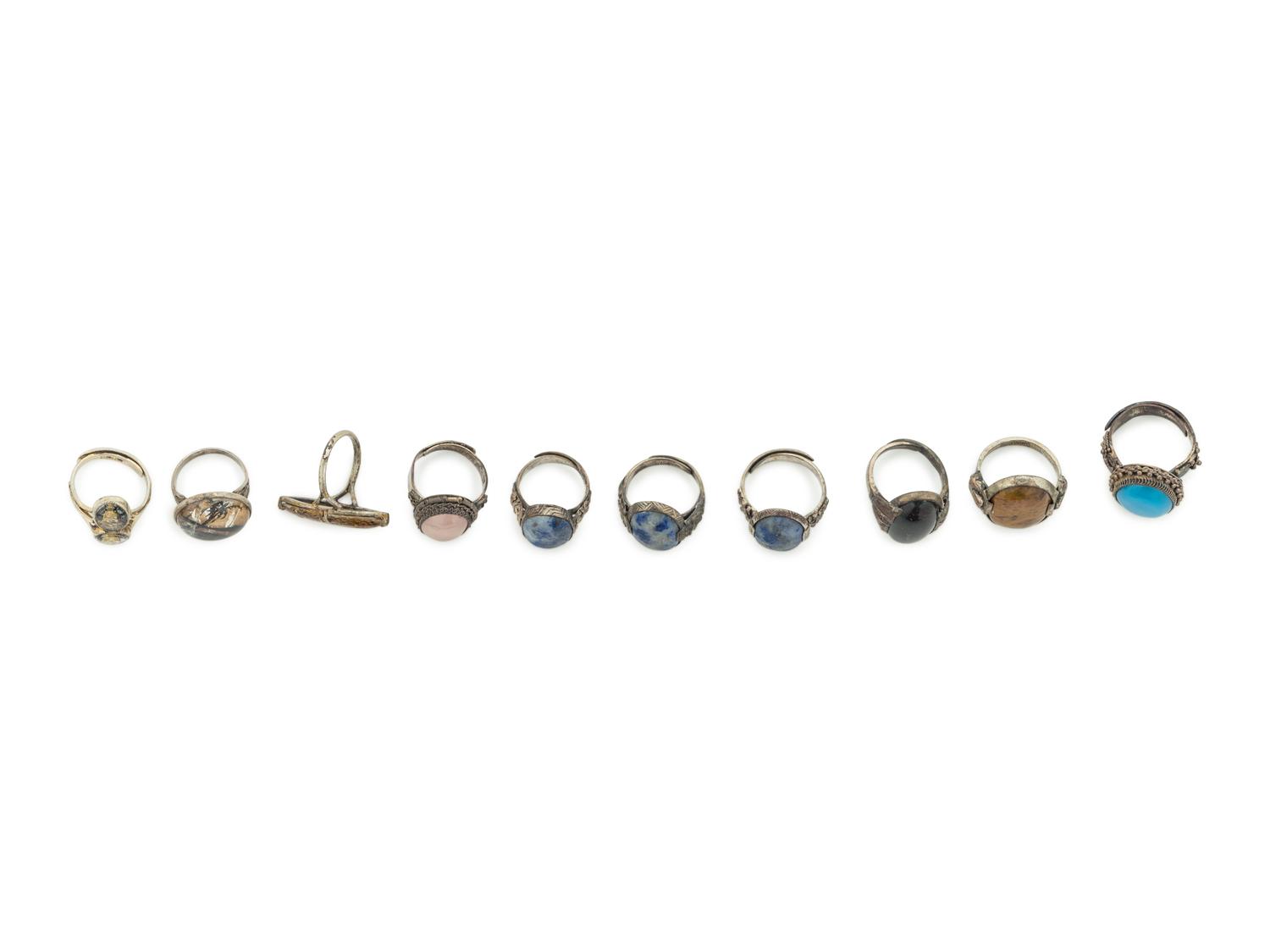 10 Chinese Hardstone and Glass Inset Silver and Metal Rings