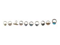 10 Chinese Hardstone and Glass Inset Silver and Metal Rings