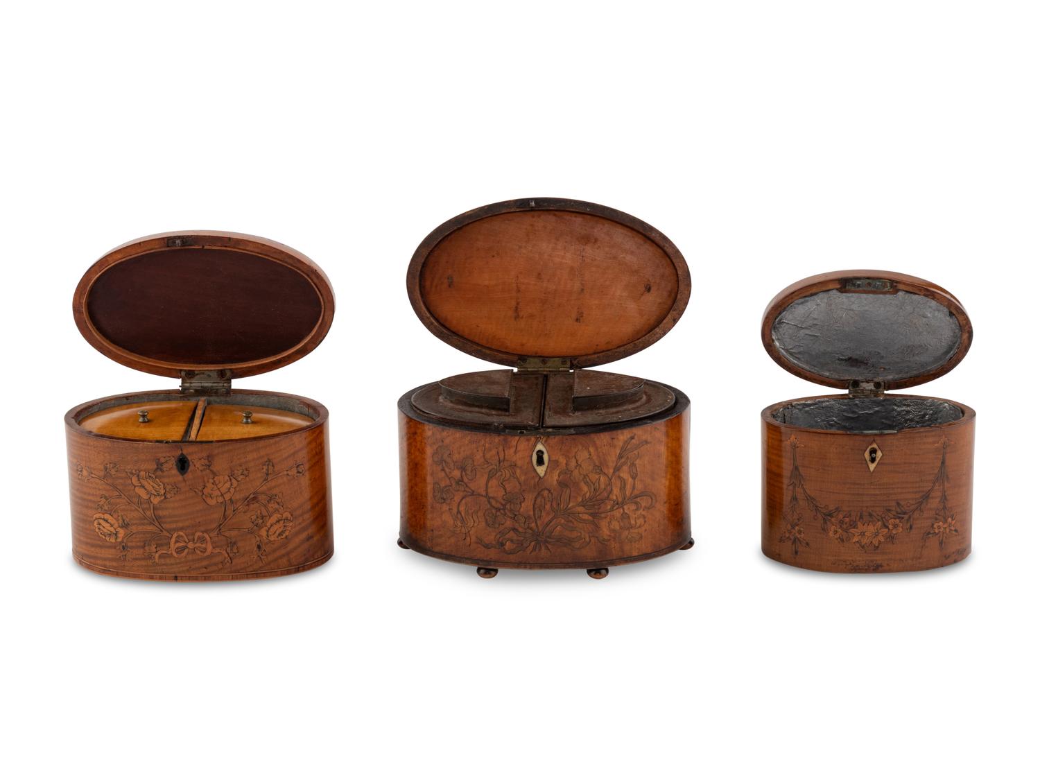 A Group of Three George III Marquetry Tea Caddies