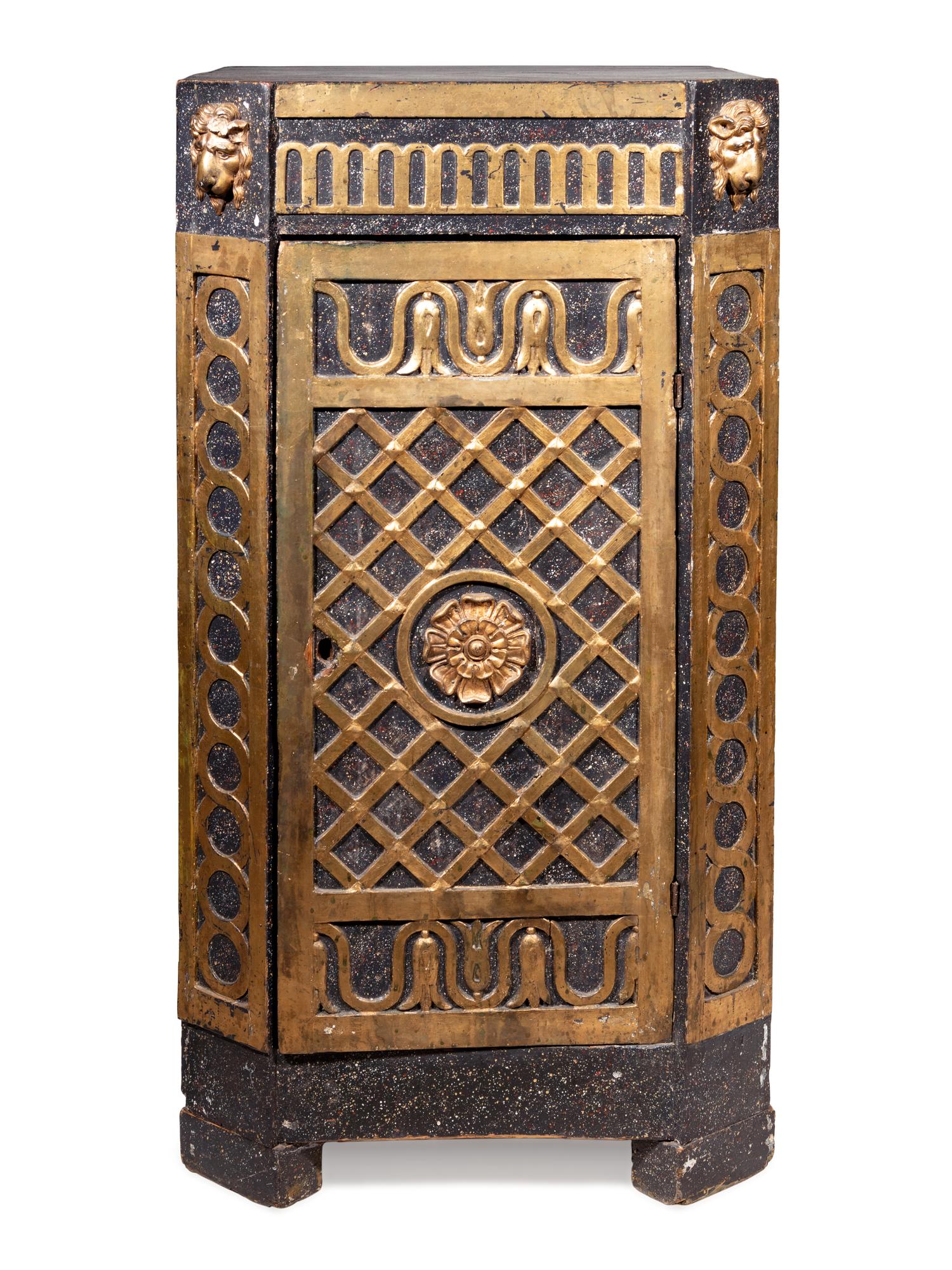 A Swedish Neoclassical Faux Porphyry and Parcel Gilt Pedestal Cabinet