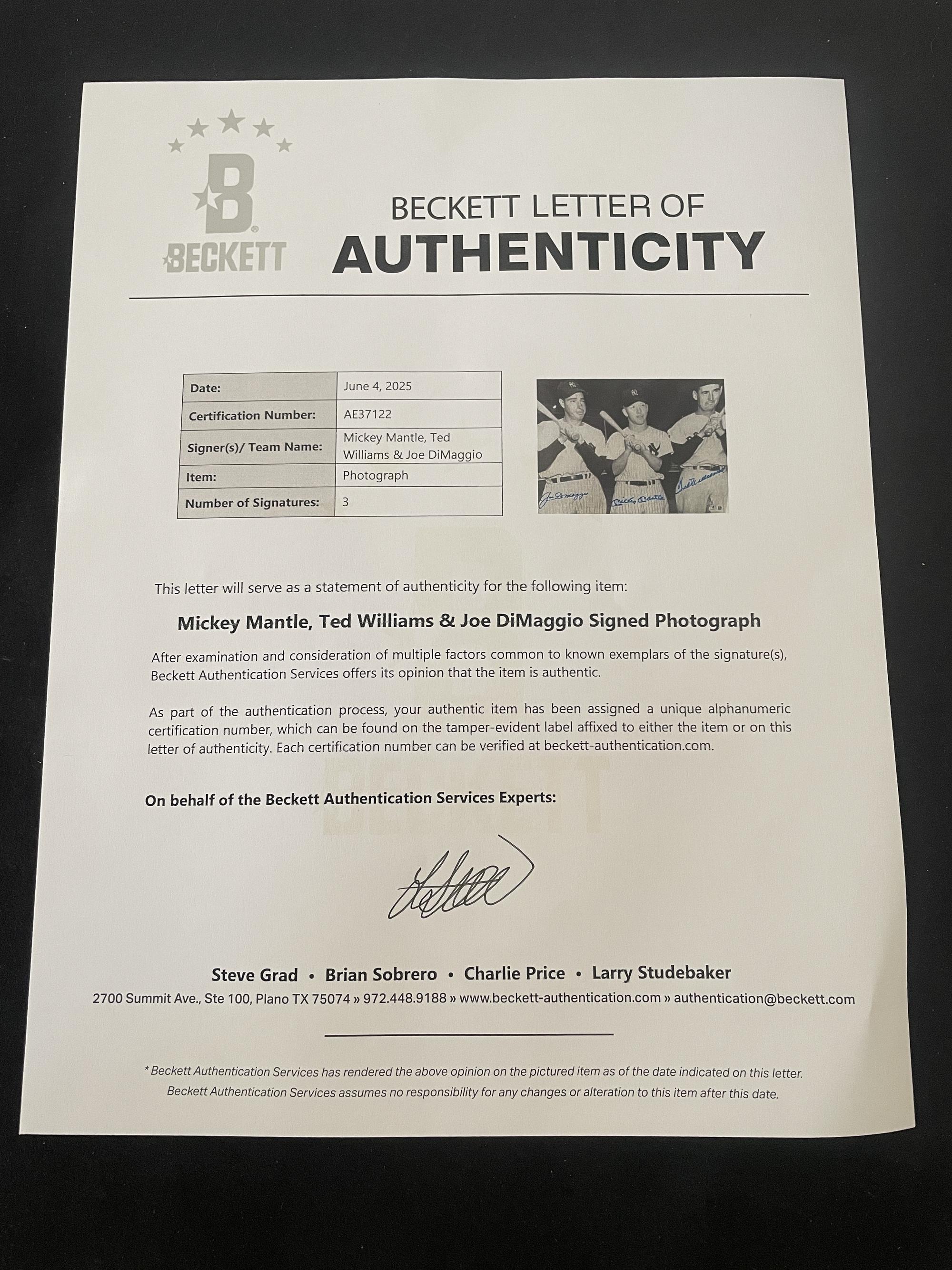 A Joe DiMaggio, Mickey Mantle, and Ted Williams Signed Autograph Photo (Beckett Authentication Services Letter)