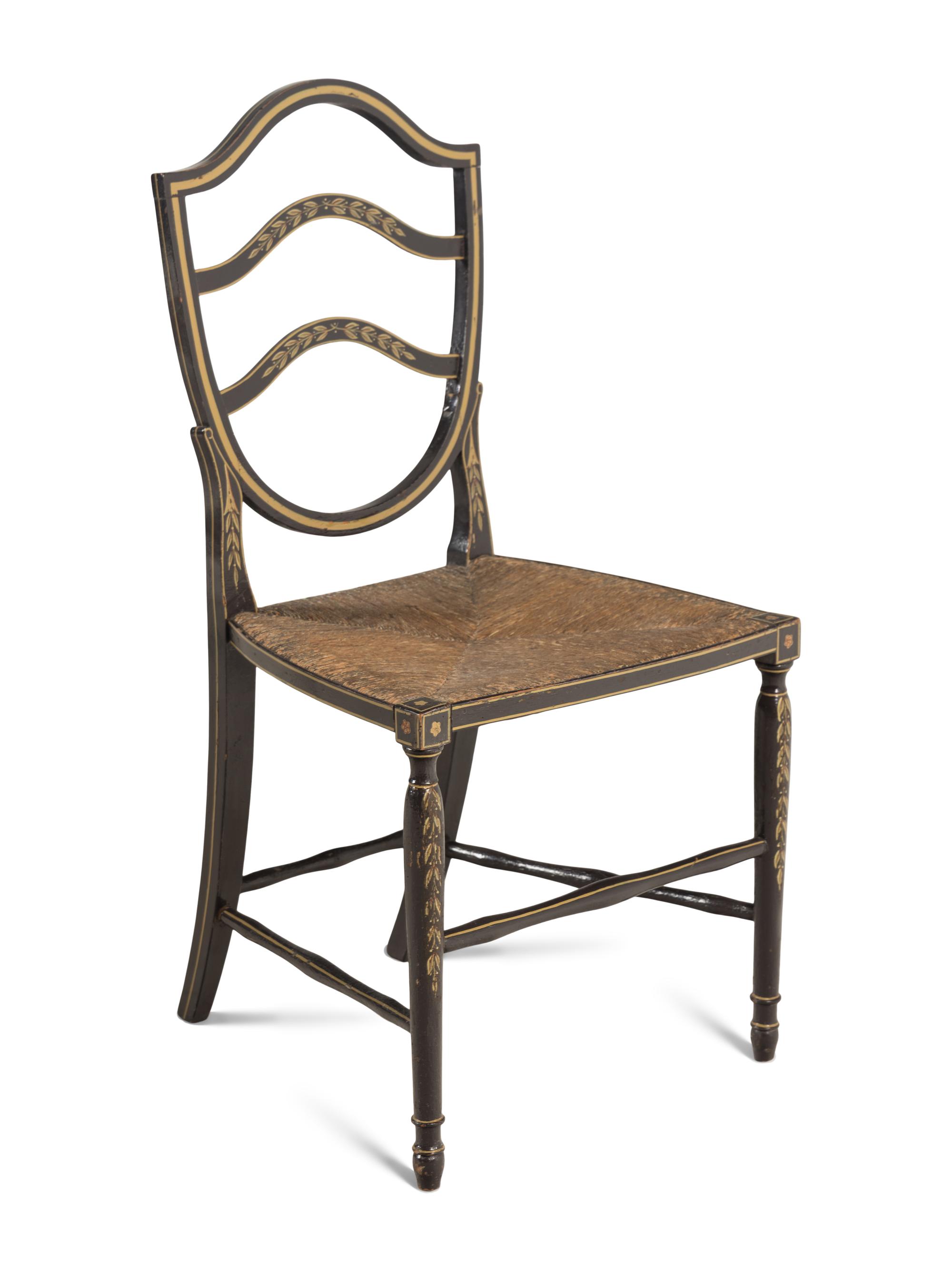 A Set of Four Stencil-Decorated Rush-Seat Side Chairs