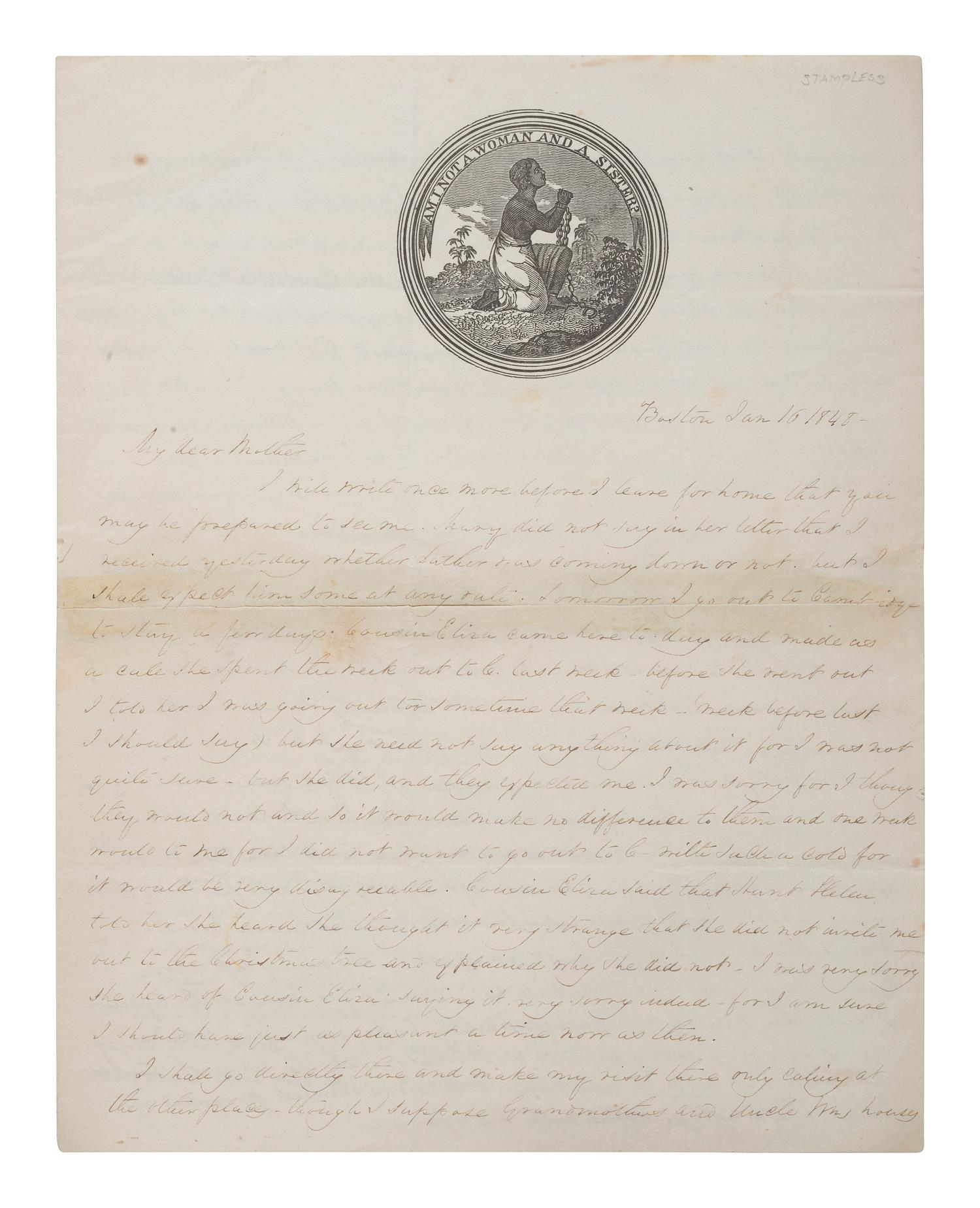 [SLAVERY & ABOLITION]. Abolitionist lettersheet with "Am I Not a Woman and a Sister? " engraved letterhead. Boston, 16 January 1848.