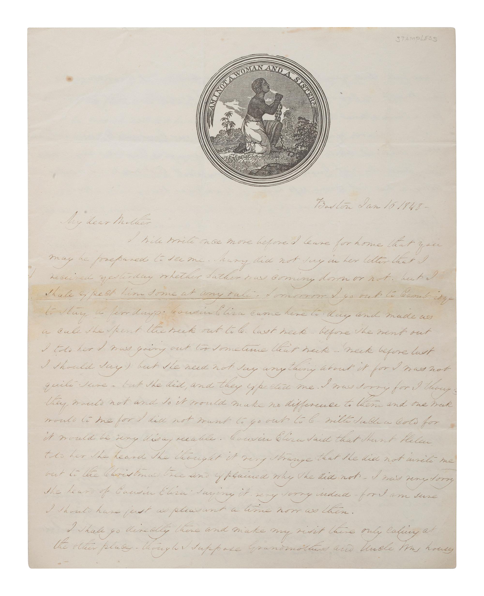 [SLAVERY & ABOLITION]. Abolitionist lettersheet with "Am I Not a Woman and a Sister? " engraved letterhead. Boston, 16 January 1848.