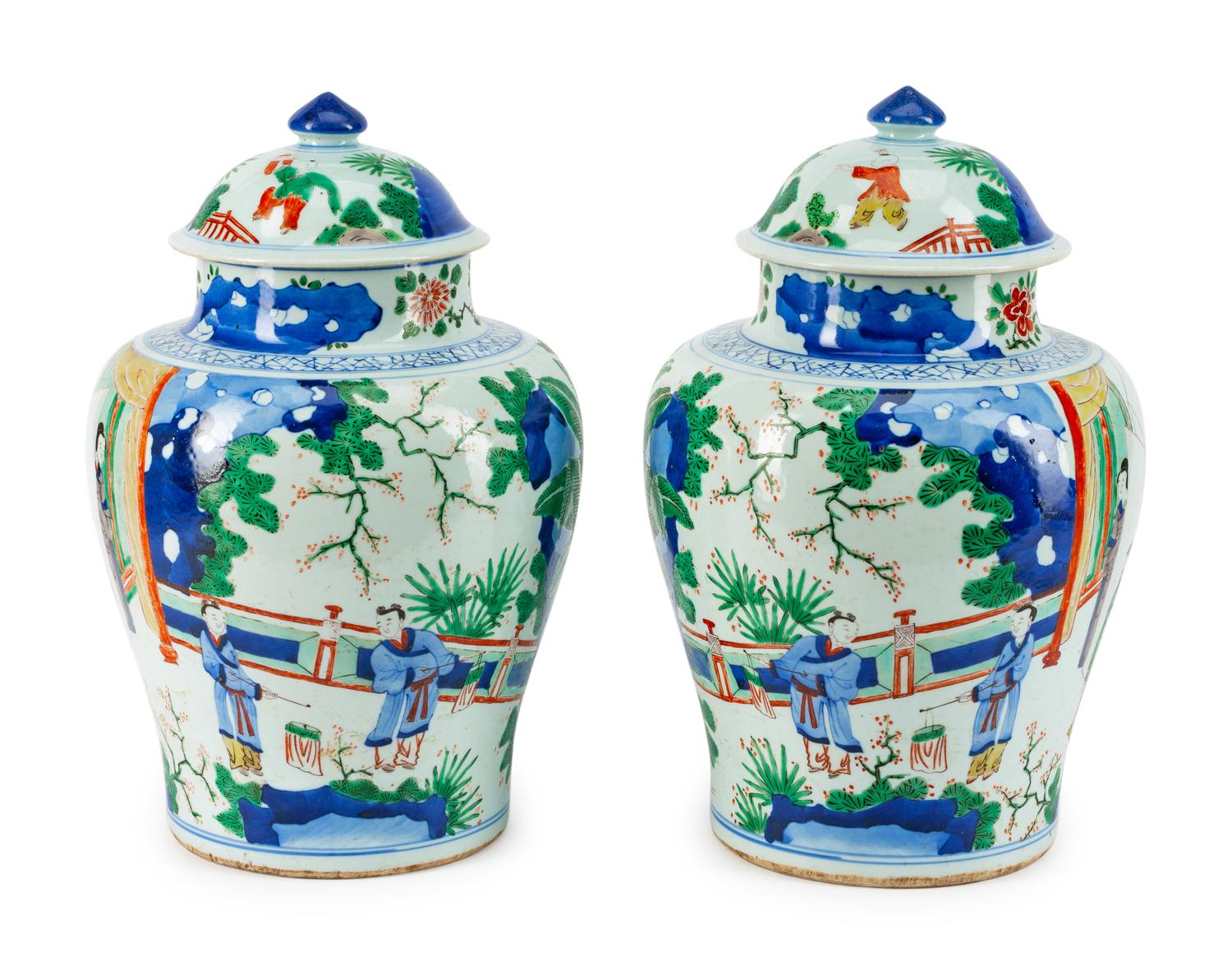 A Pair of Chinese Porcelain Covered Jars
