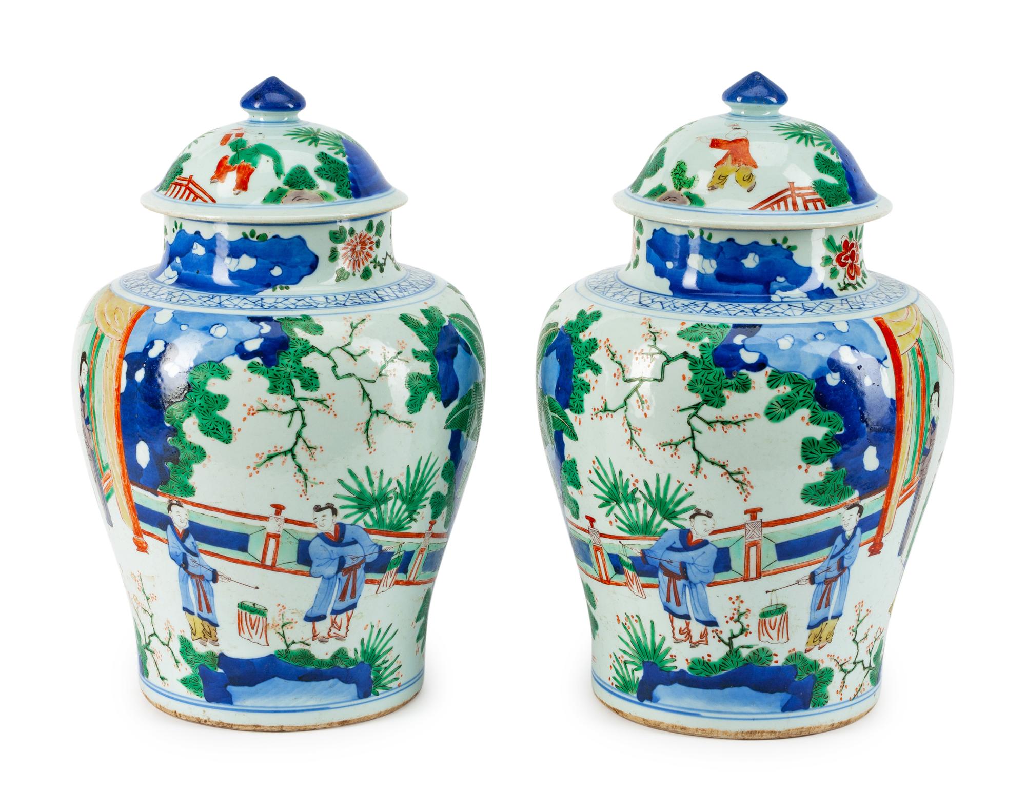 A Pair of Chinese Porcelain Covered Jars