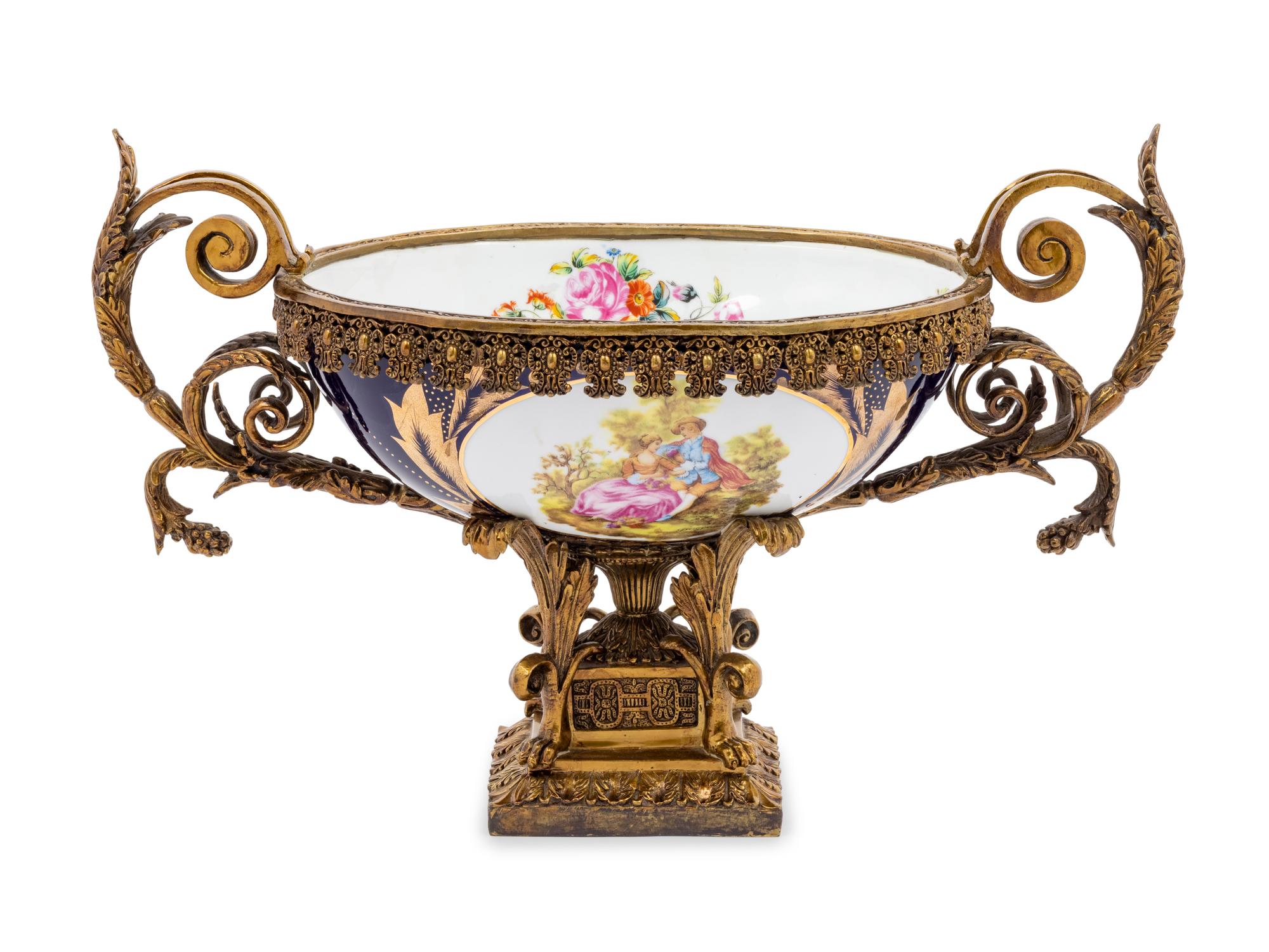 A Large Sèvres Style Gilt Metal Mounted Porcelain Centerpiece Bowl
