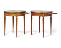 A pair of Louis XVI style brass-mounted mahogany bouillotte tables with white marble tops, 20th century