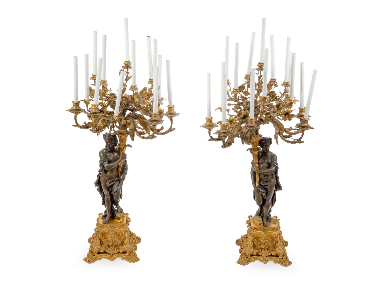 A Pair of Large French Gilt and Patinated Bronze Fourteen-Light Candelabra — 19TH CENTURY