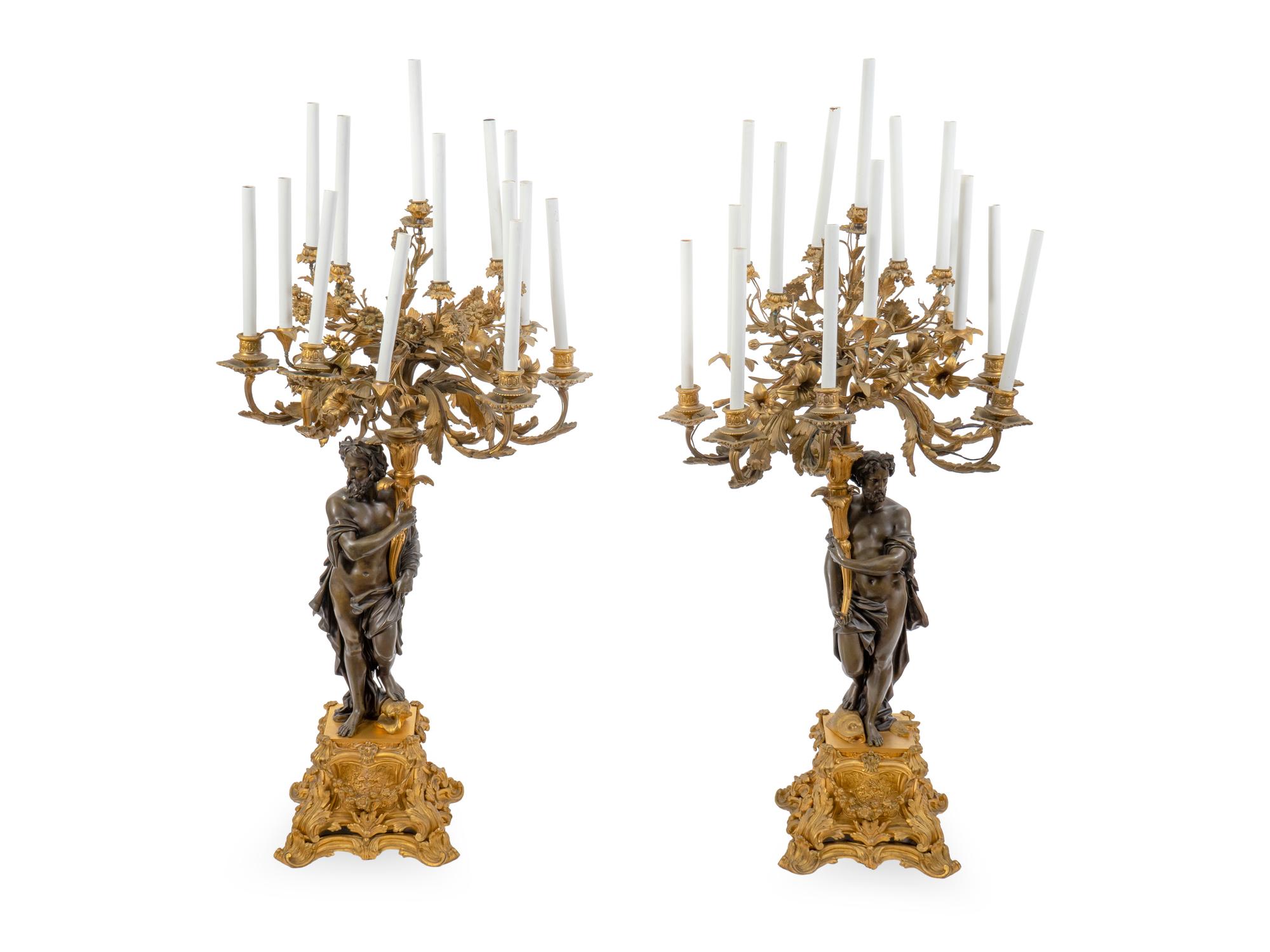 A Pair of Large French Gilt and Patinated Bronze Fourteen-Light Candelabra — 19TH CENTURY