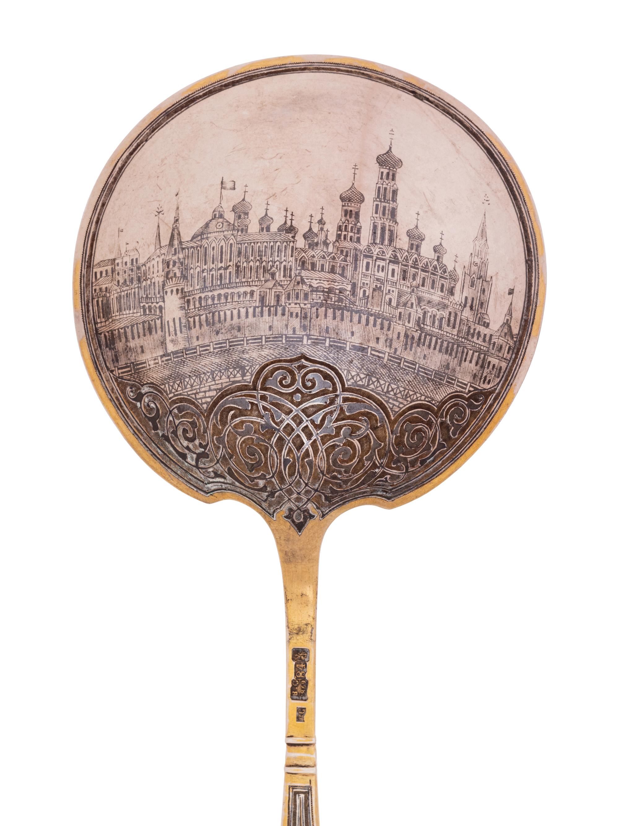 A Pair of Russian Niello Silver-Gilt Serving Spoons