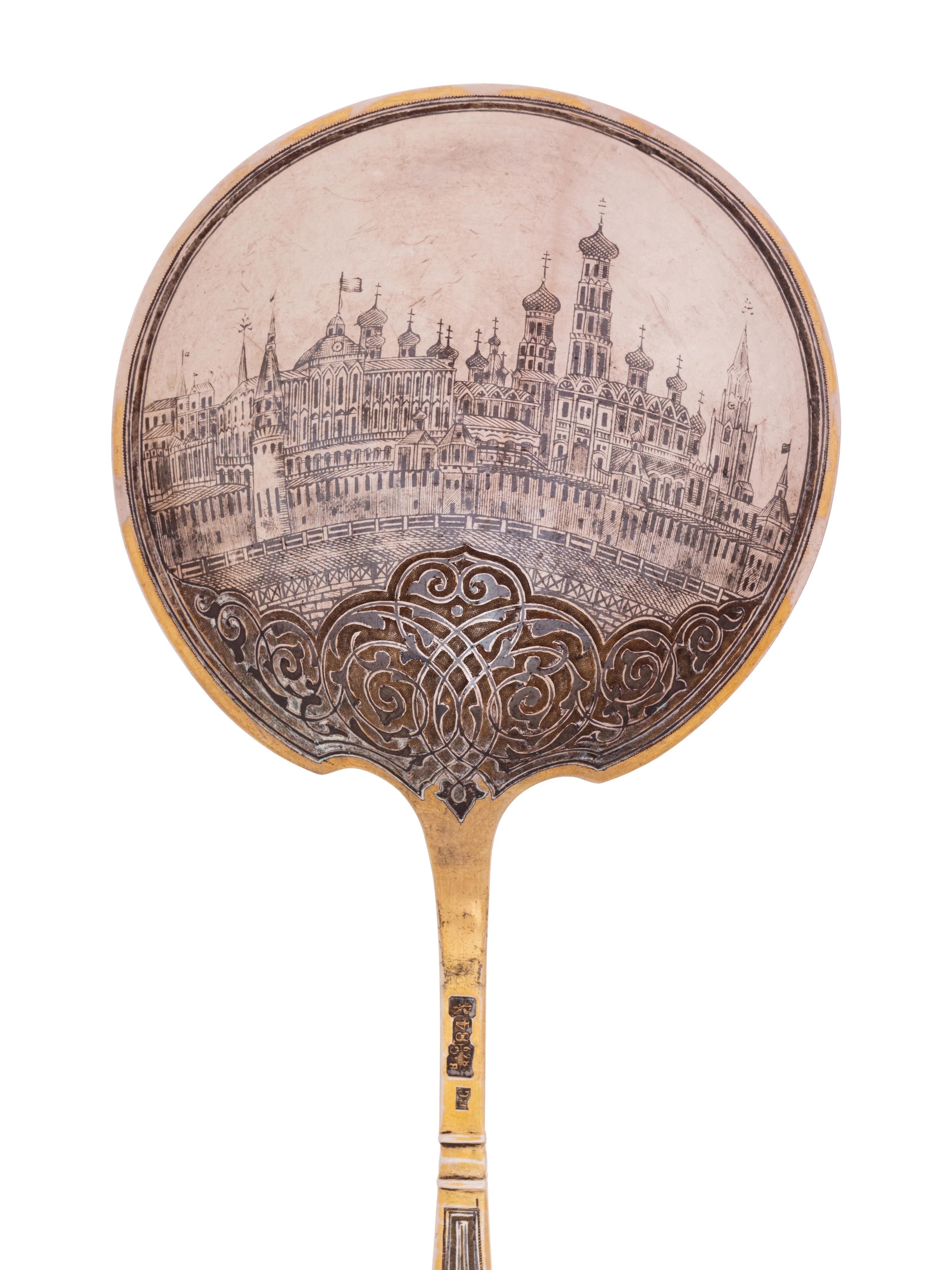 A Pair of Russian Niello Silver-Gilt Serving Spoons