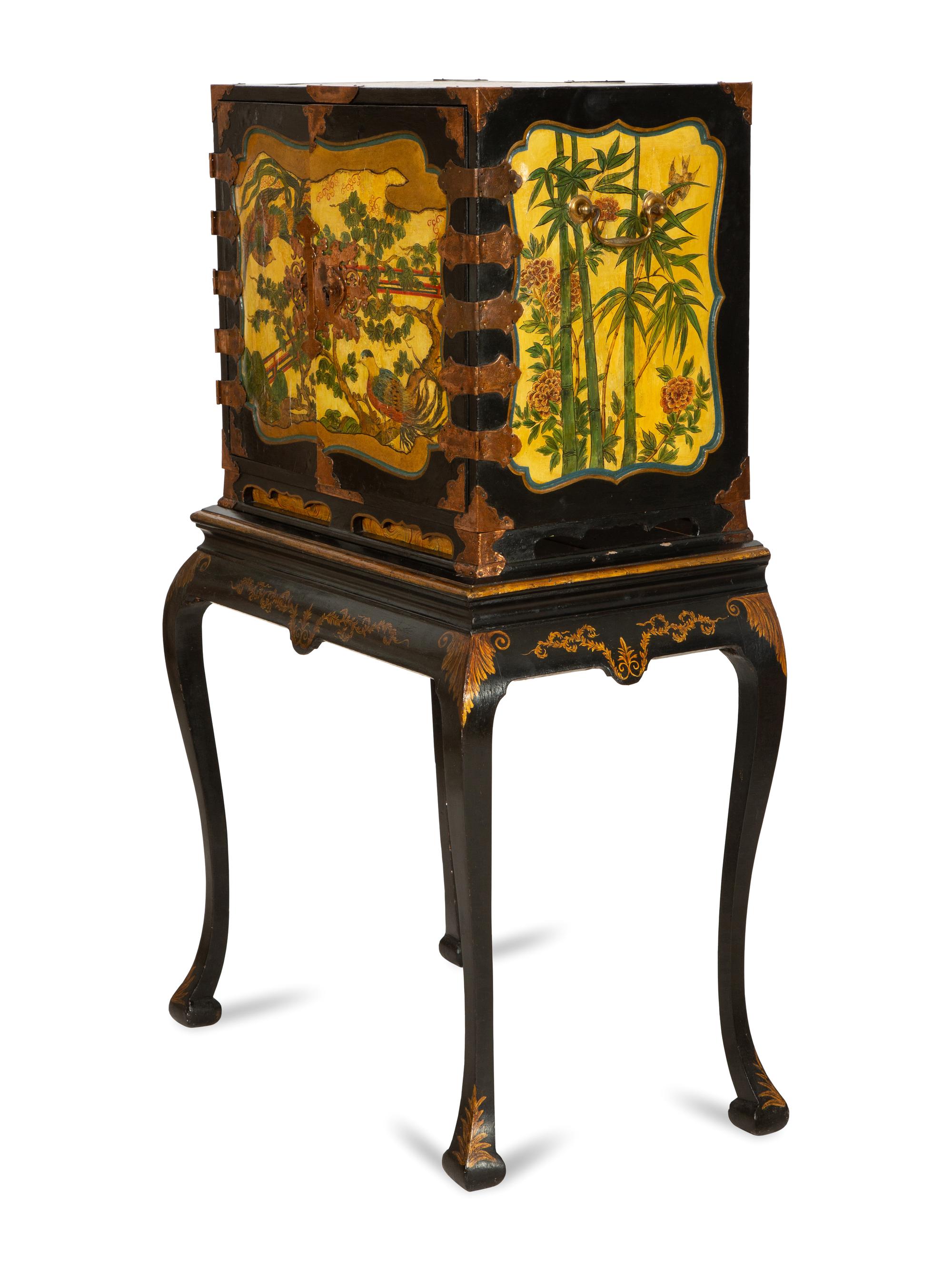 An Edwardian Polychromed Lacquer and Parcel Gilt Chinoiserie Cabinet on Stand
