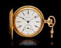 A 14 Karat Tricolor Gold Hunter Case Pocket Watch, Waltham,