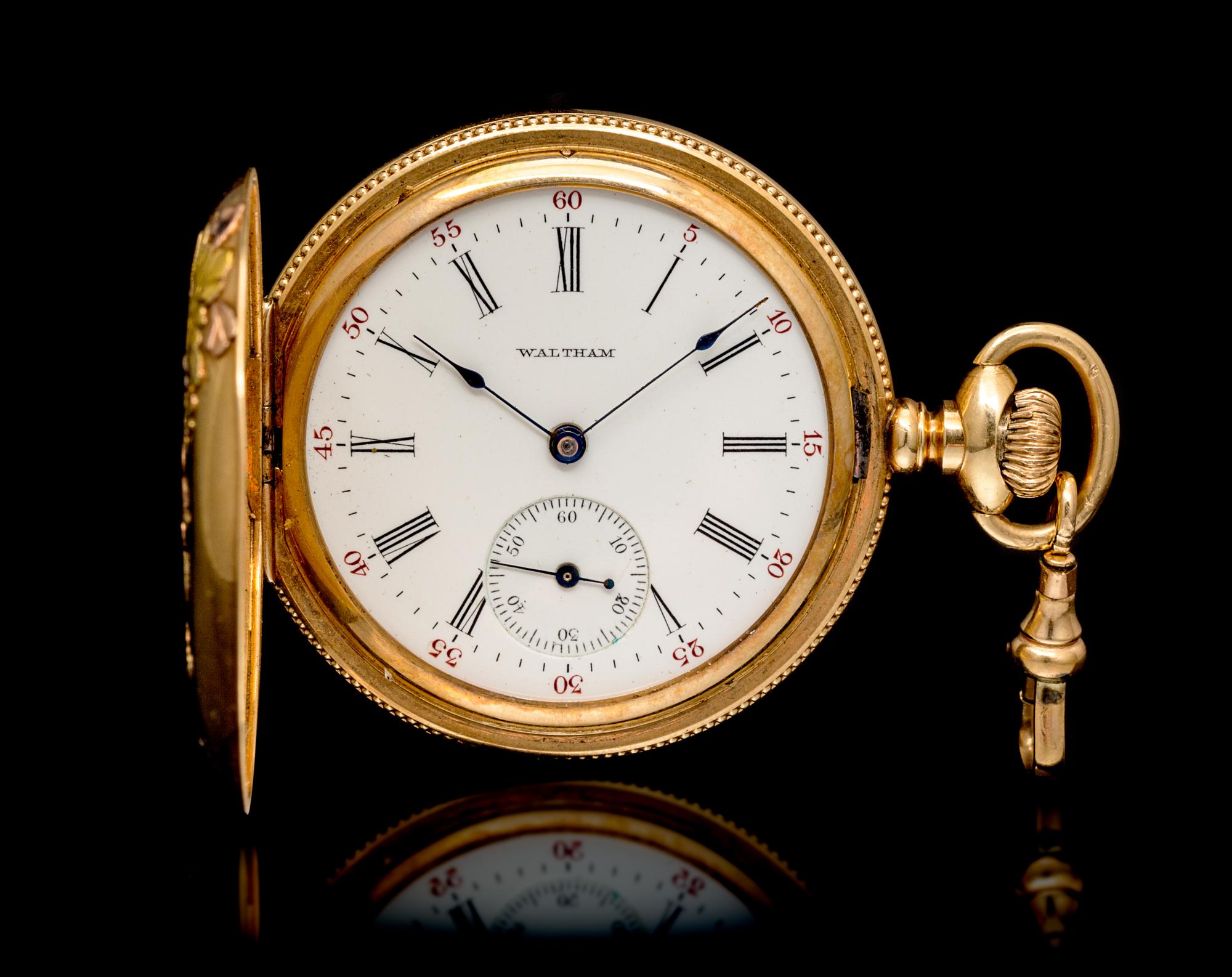 A 14 Karat Tricolor Gold Hunter Case Pocket Watch, Waltham,