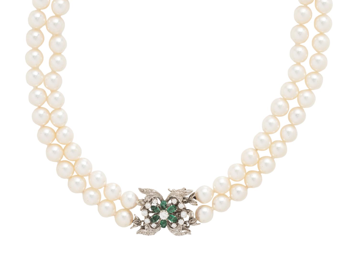 CULTURED PEARL, EMERALD AND DIAMOND NECKLACE