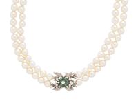 CULTURED PEARL, EMERALD AND DIAMOND NECKLACE