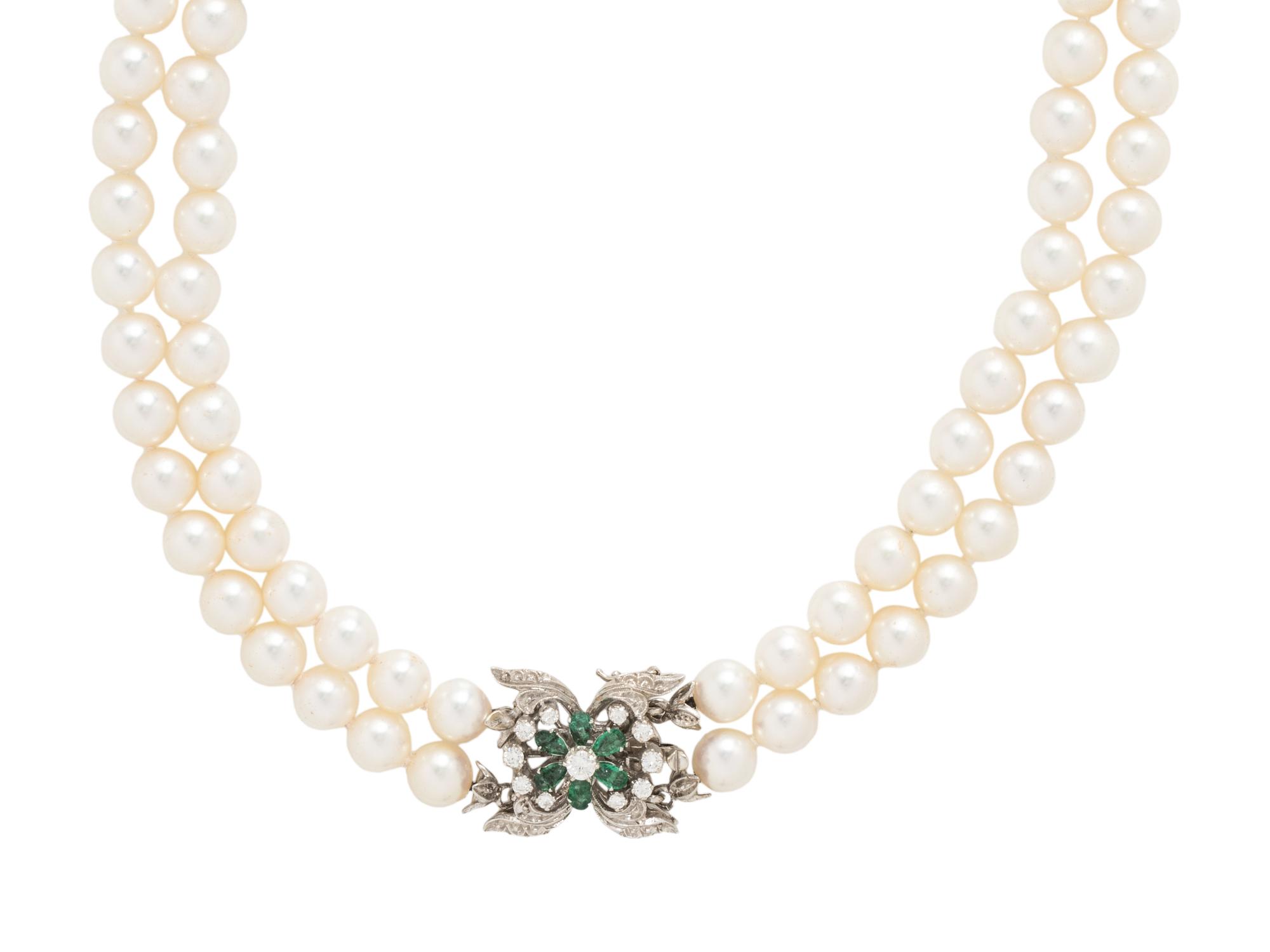 CULTURED PEARL, EMERALD AND DIAMOND NECKLACE