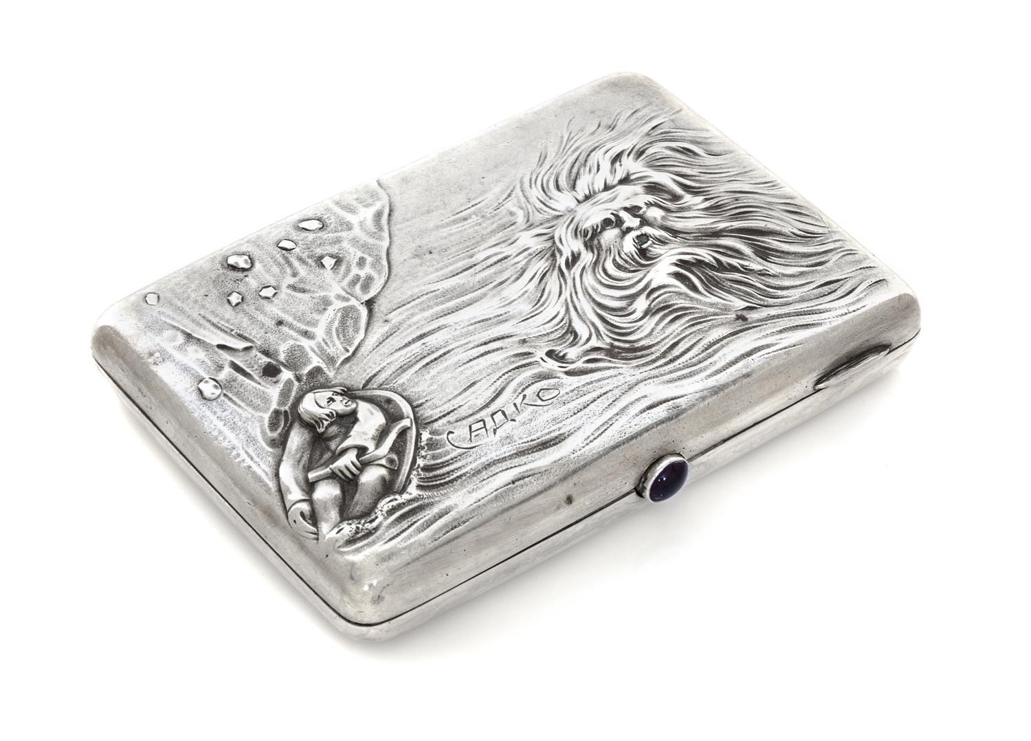 A Russian Silver Cigarette Case, Maker's mark Cyrillic EF, Moscow, the lid worked with a scene from the story of Sadko and engraved SAD