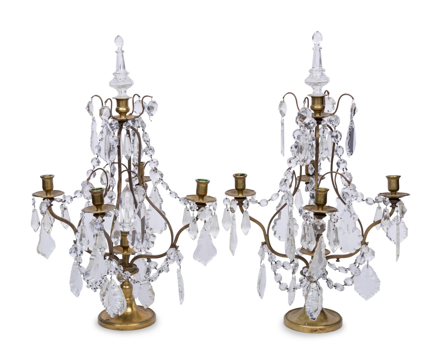 A Pair of French Brass and Glass Four-Light Candelabra