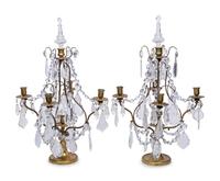A Pair of French Brass and Glass Four-Light Candelabra