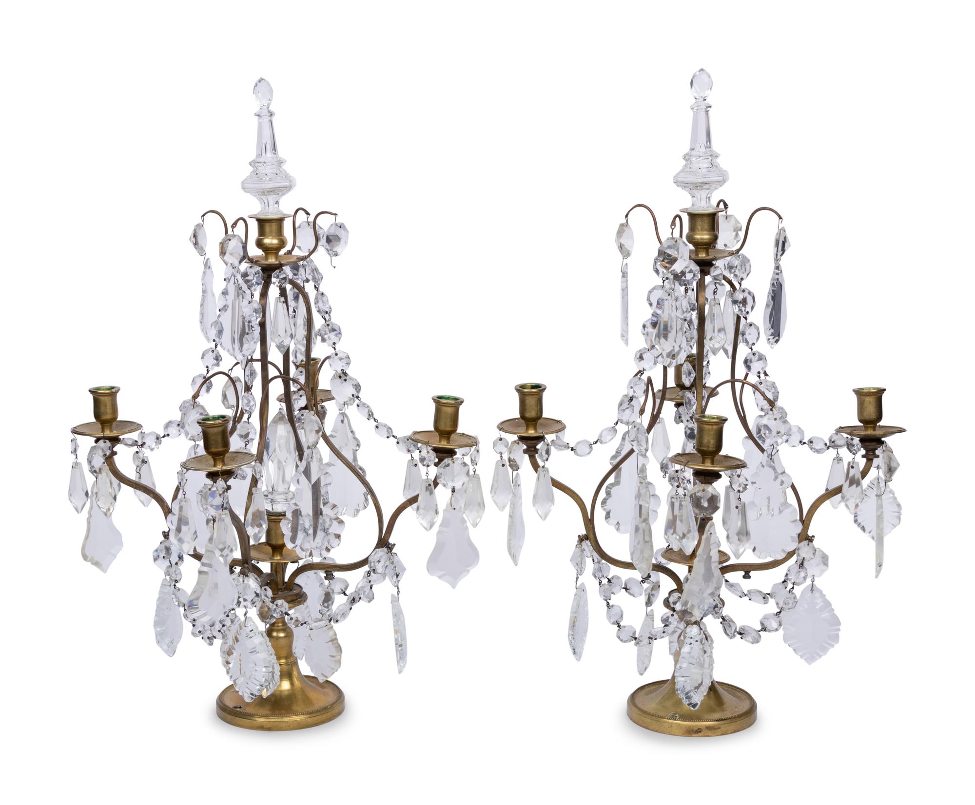 A Pair of French Brass and Glass Four-Light Candelabra